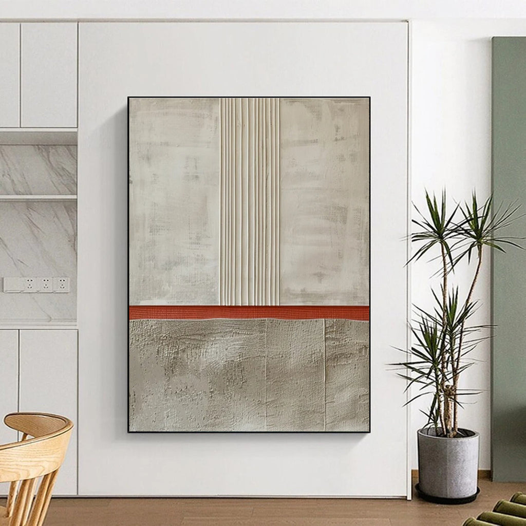 Neutral Tones with Red Stripe Abstract Painting for Industrial - Chic Cafes HENG026