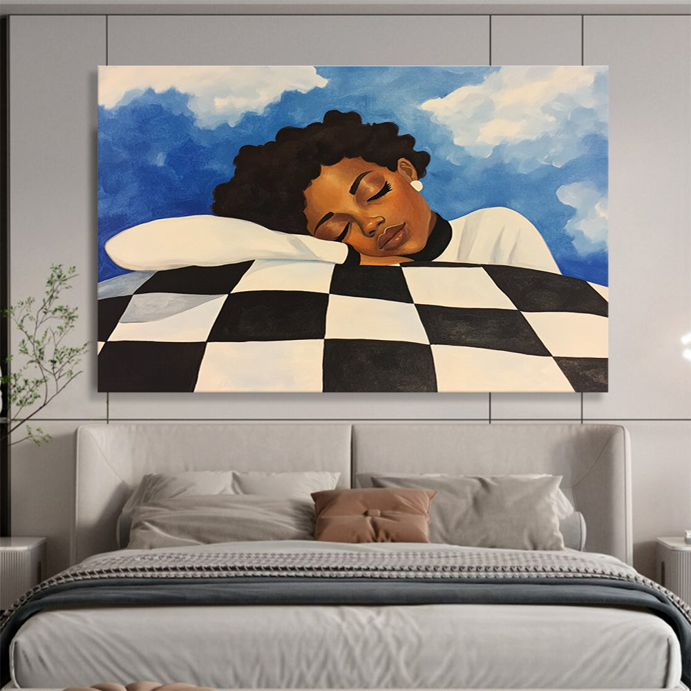 Dreaming Figure on Checkered Pillow Abstract Painting with Calm Intimate Vibe ABS561
