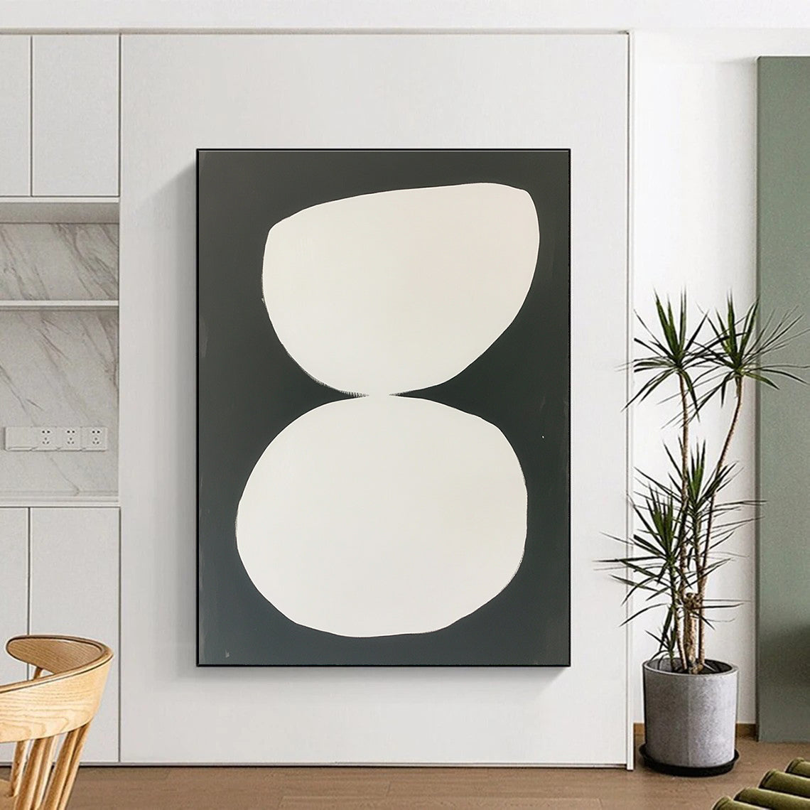 White Organic Shapes on Black Abstract Painting with Clean Contrast WINK269
