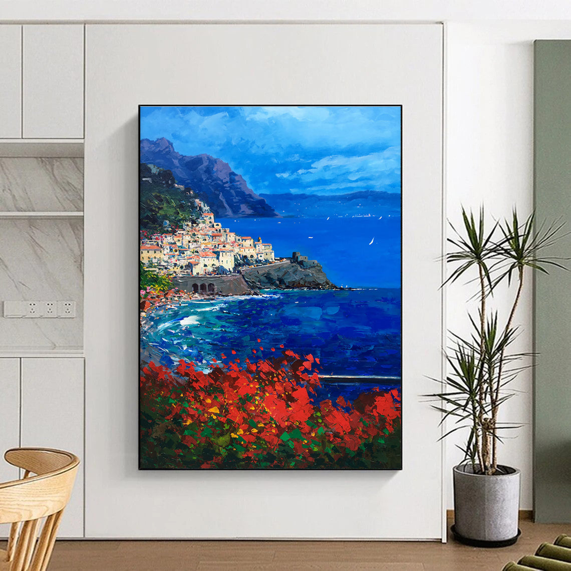 Coastal Village with Mountains Abstract Painting for Italian - Inspired Villas HENG533