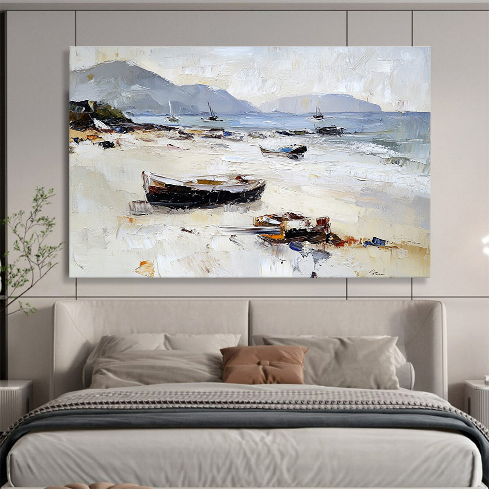 Beach with Beached Boats Abstract Painting with Casual Coastal Charm ABS602