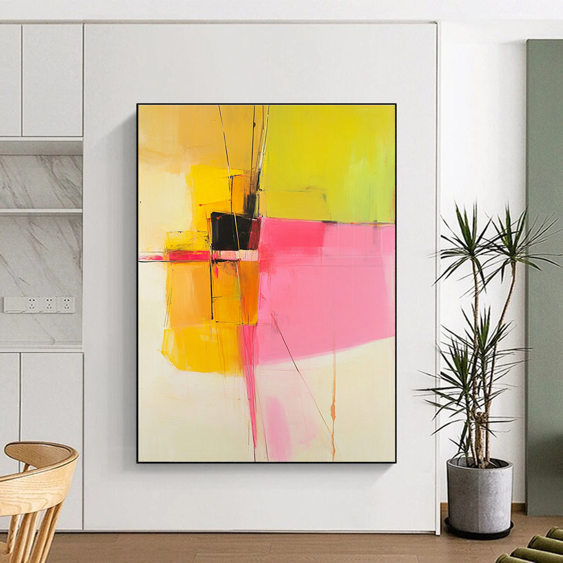Yellow Pink Geometric Abstract Painting with Bold Contrasts WINK692