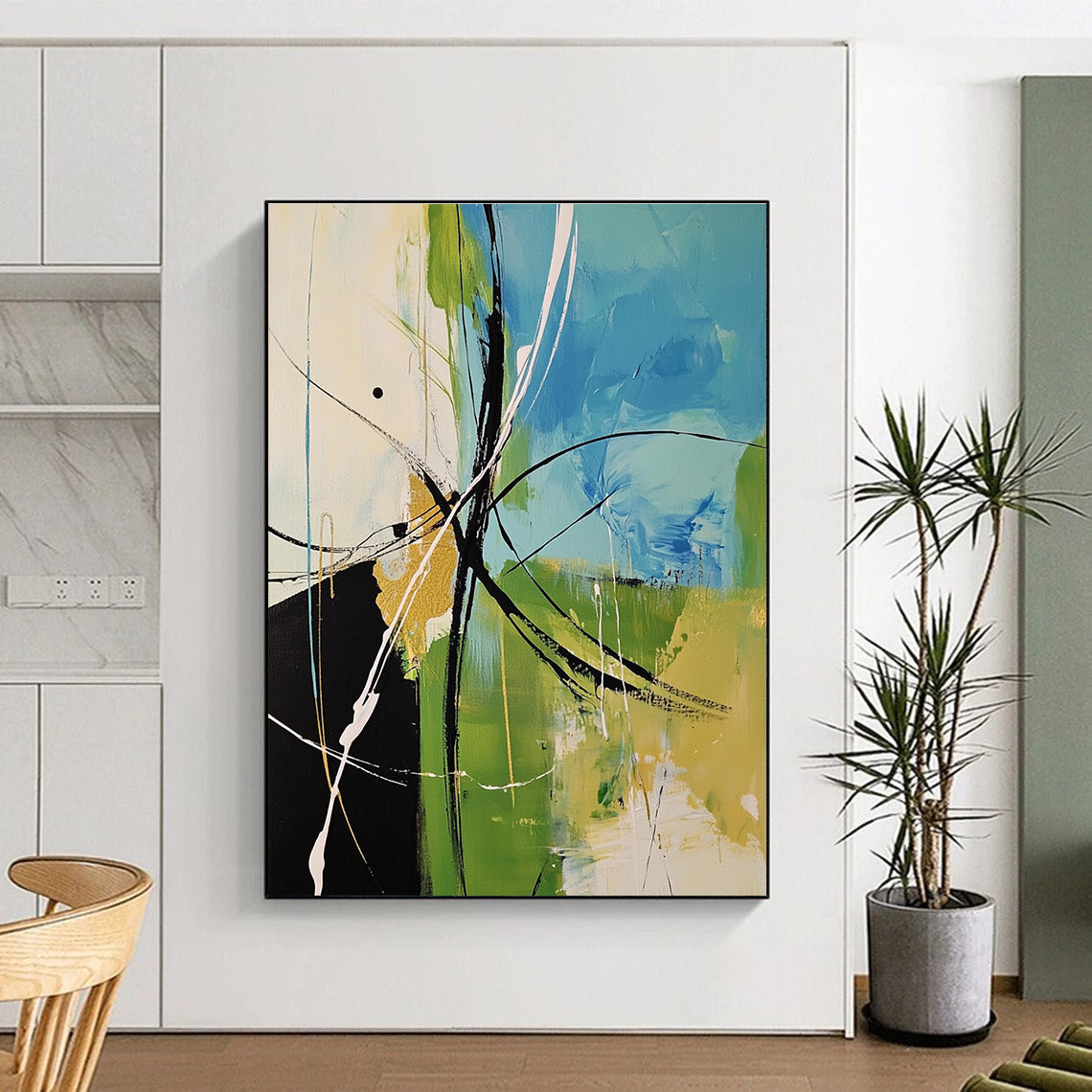 Blue Green Black Abstract Painting with Energetic Lines WINK619