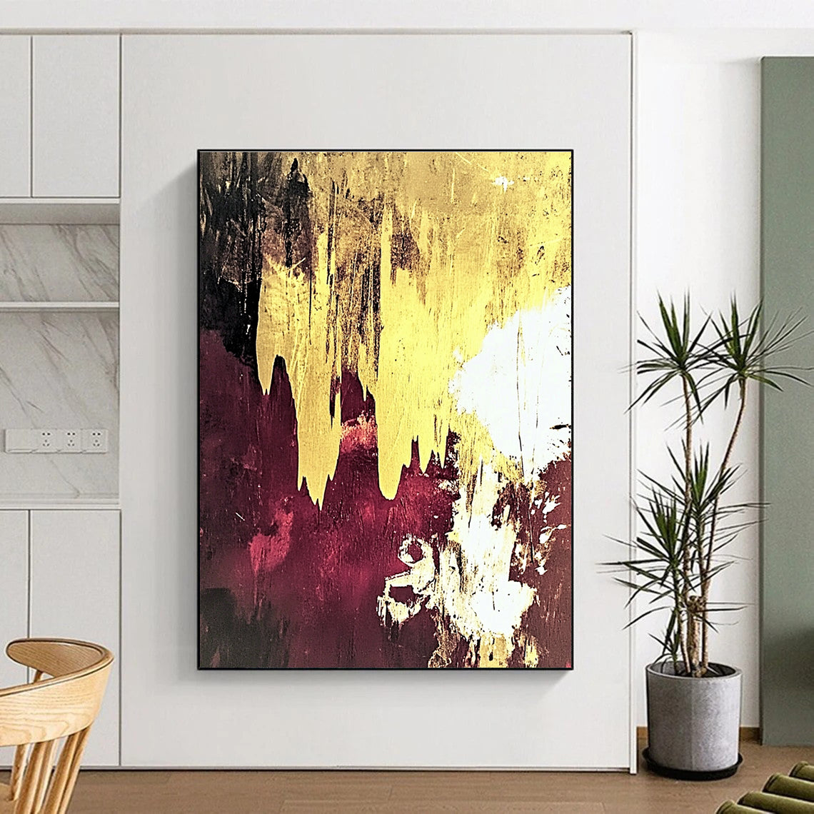 Gold Drip on Maroon Abstract Painting for Opulent Lounges GAB0764
