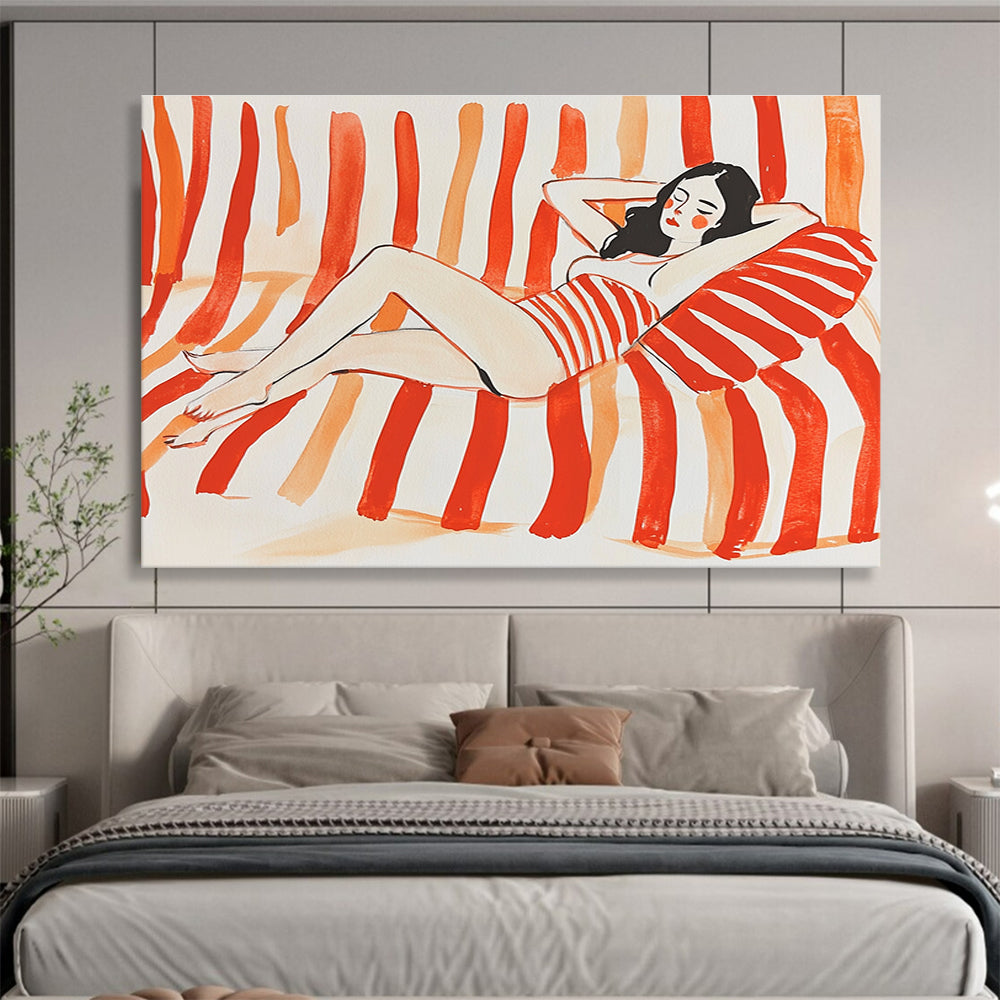 Relaxed Woman on Stripes: Carefree Summer Vibes Abstract Painting ABS164