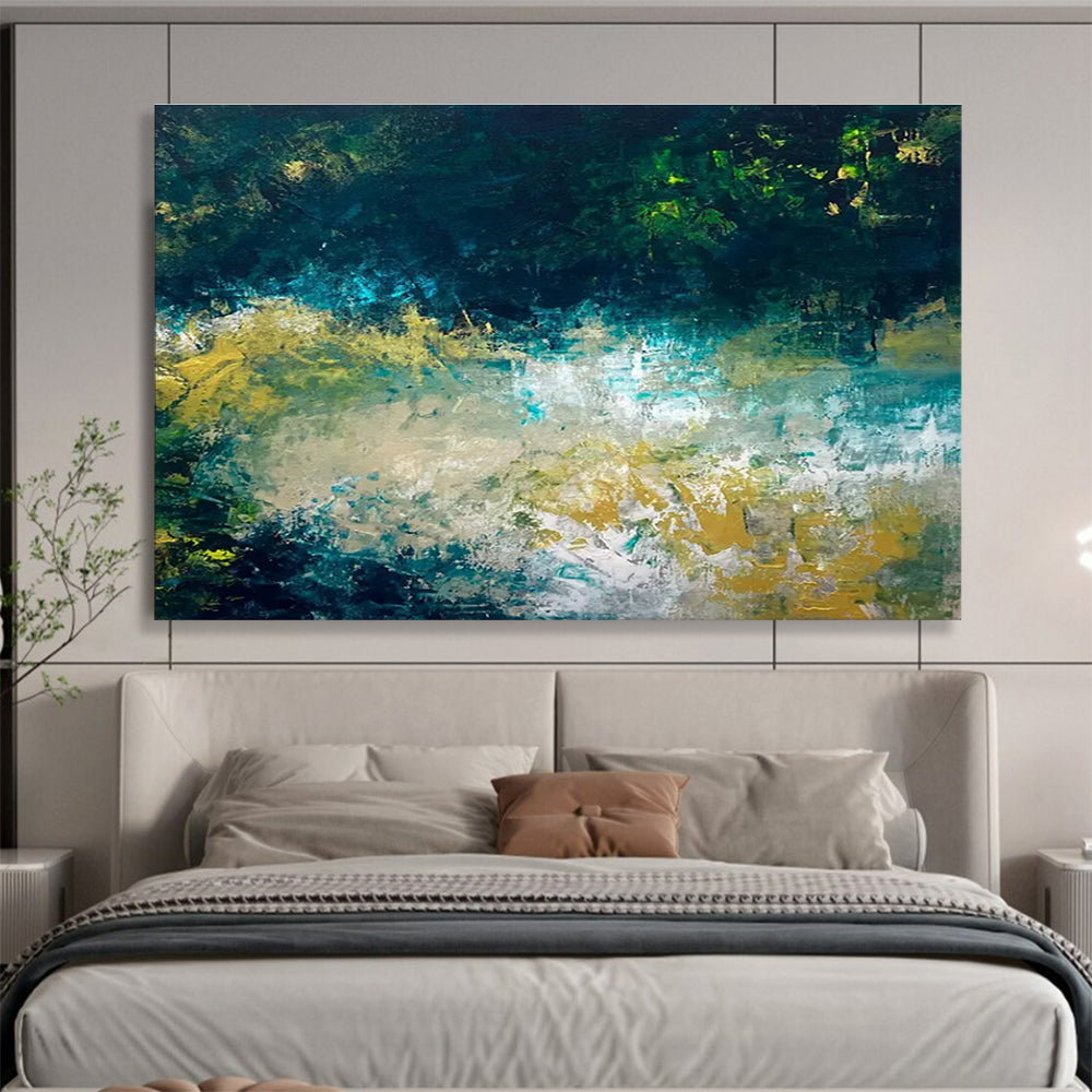 Teal and Gold Abstract Landscape Painting for Coastal Home Interiors YHT326