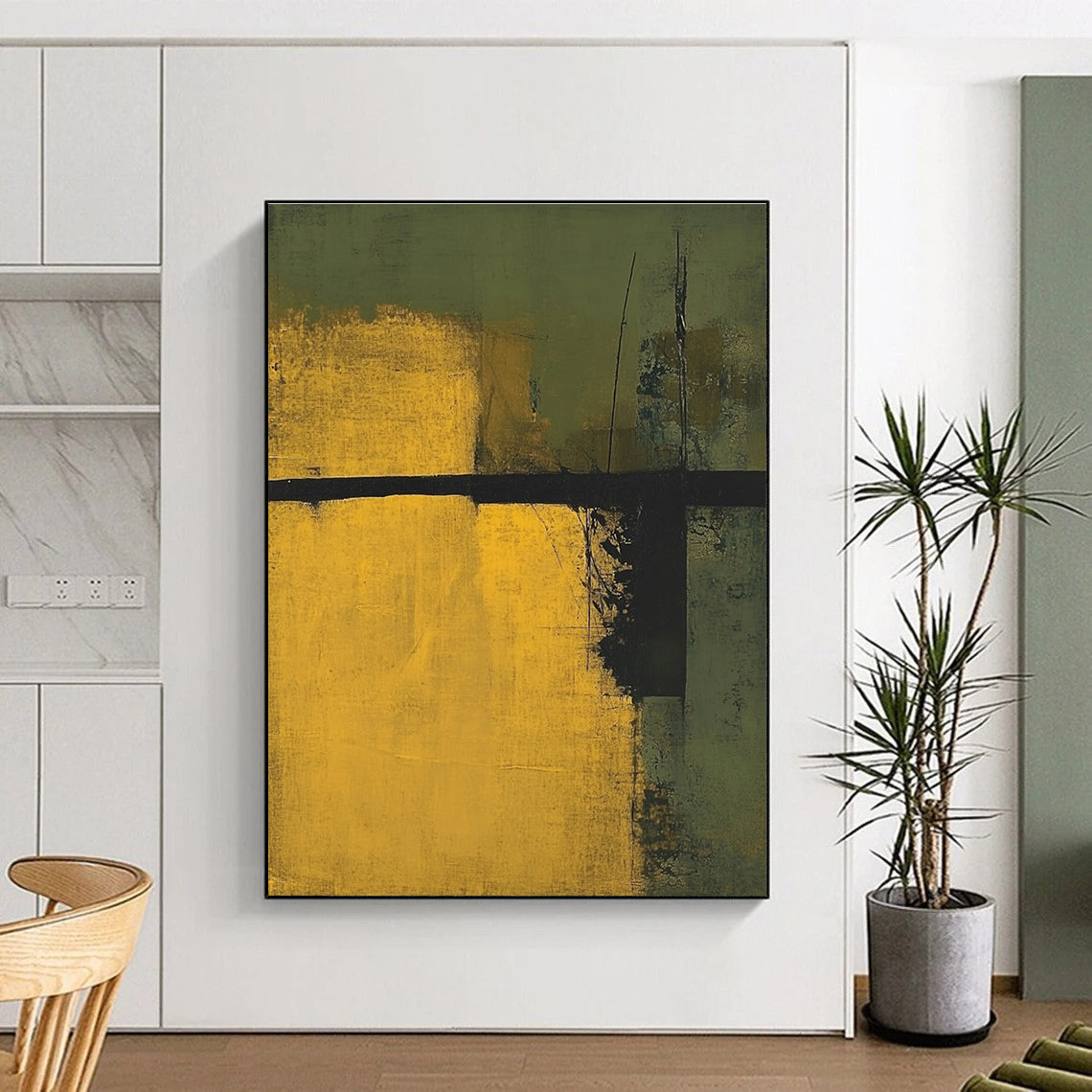 Earthy Green and Yellow Abstract Painting for Nature - Inspired Spaces GAB0685
