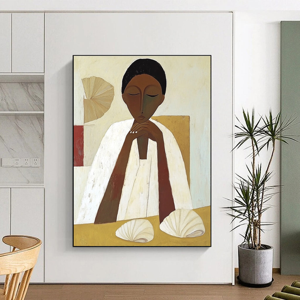 Serene Figure with Shells Cultural Narrative Abstract Painting GAB0269