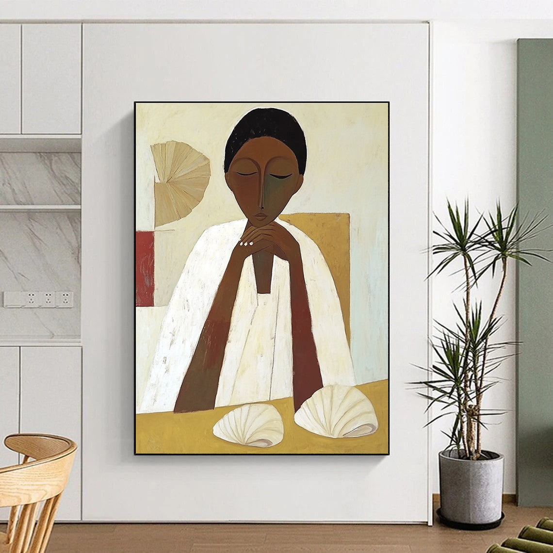 Serene Figure with Shells Cultural Narrative Abstract Painting GAB0269