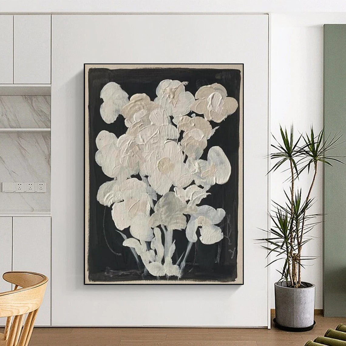 White Flowers on Black Abstract Painting for Elegant Dining Rooms HENG140