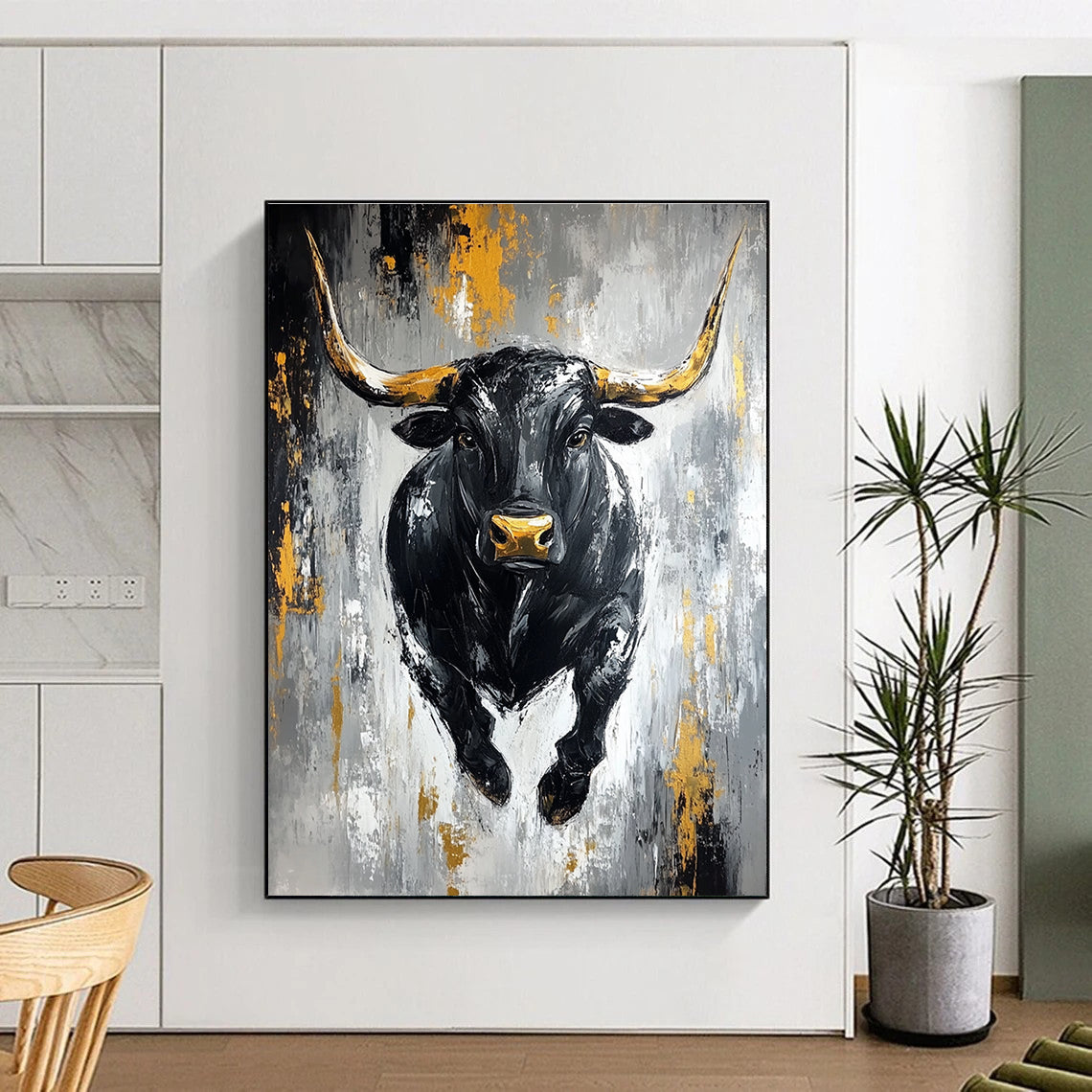 Black Bull with Gold Accents - Powerful Figurative Abstract Art GAB0456