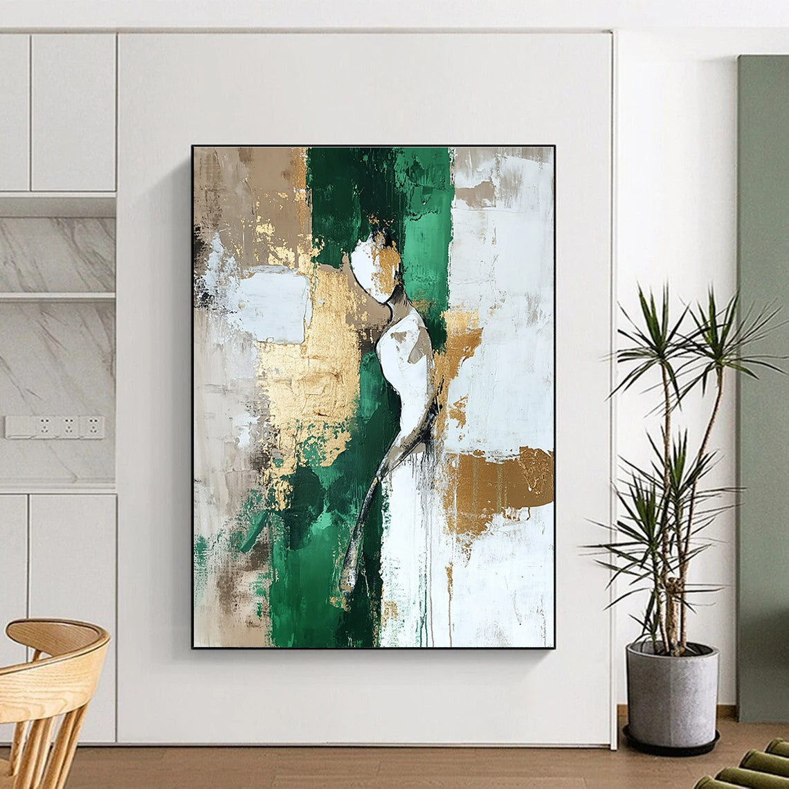 Abstract Figure Painting with Green and Gold Accents GAB0675