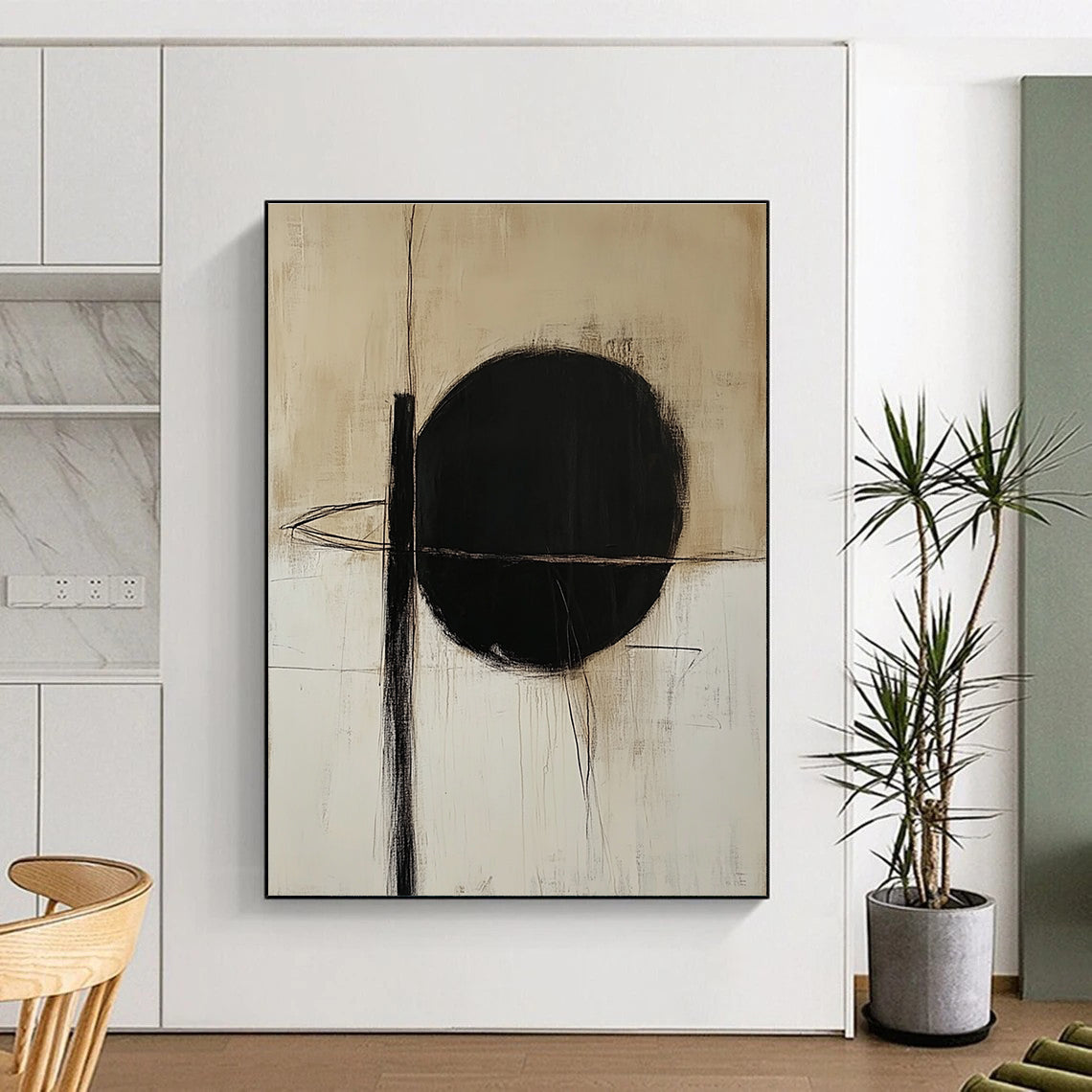 Black Circle and Lines Abstract Painting with Minimalist Drama WINK010