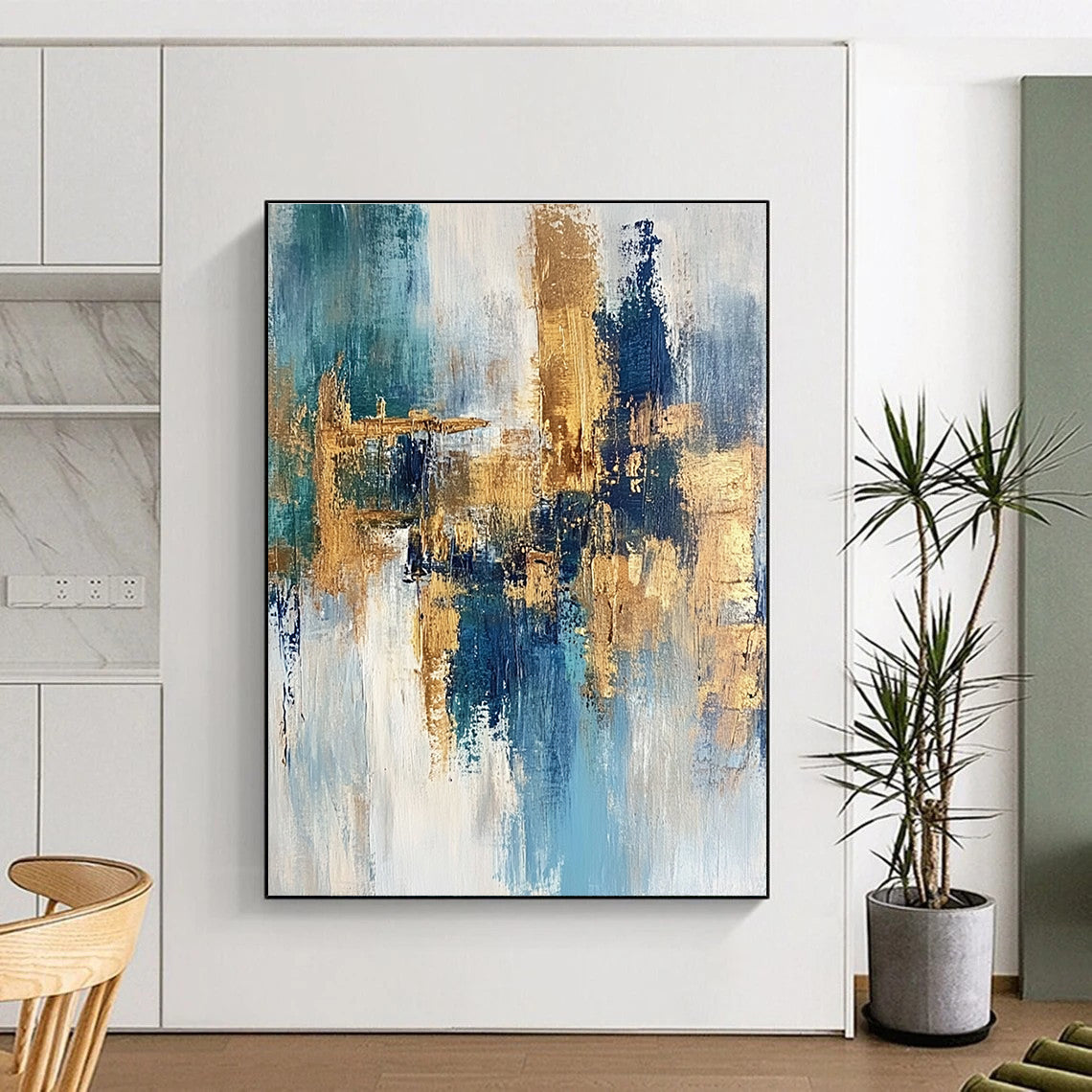 Blue Gold White Abstract Painting with Coastal Elegance WINK474