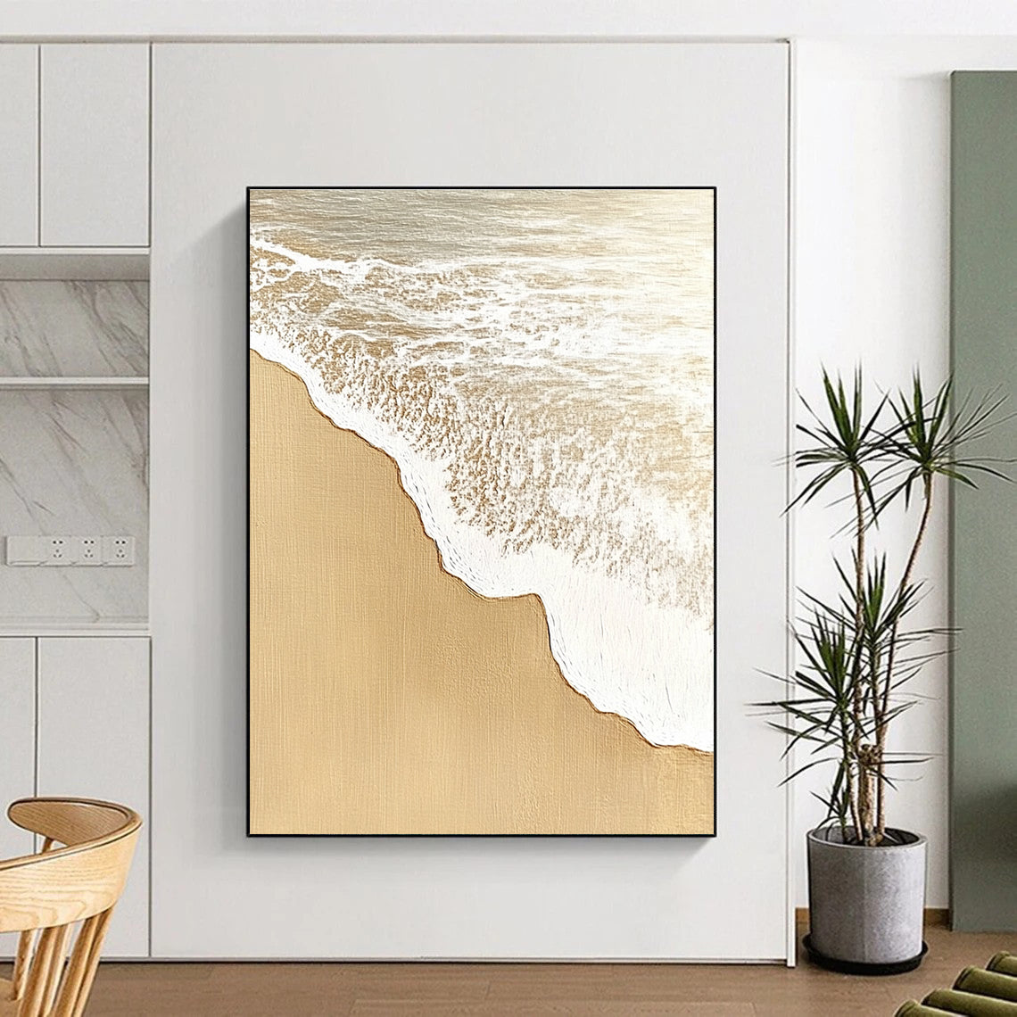Sandy Beach with White Waves Abstract Painting with Coastal Charm GAB0077