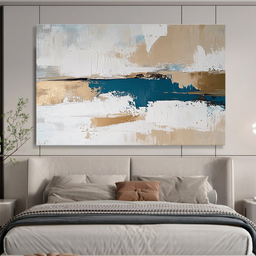 Blue, Gold, and White Abstract Painting with Layered Textural Elegance ABS471