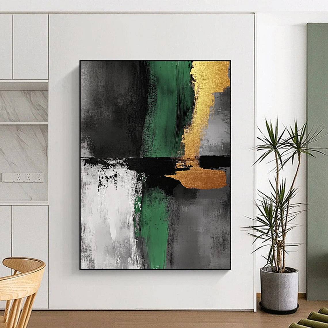 Green Black Gold Abstract Painting with Bold Accents WINK550