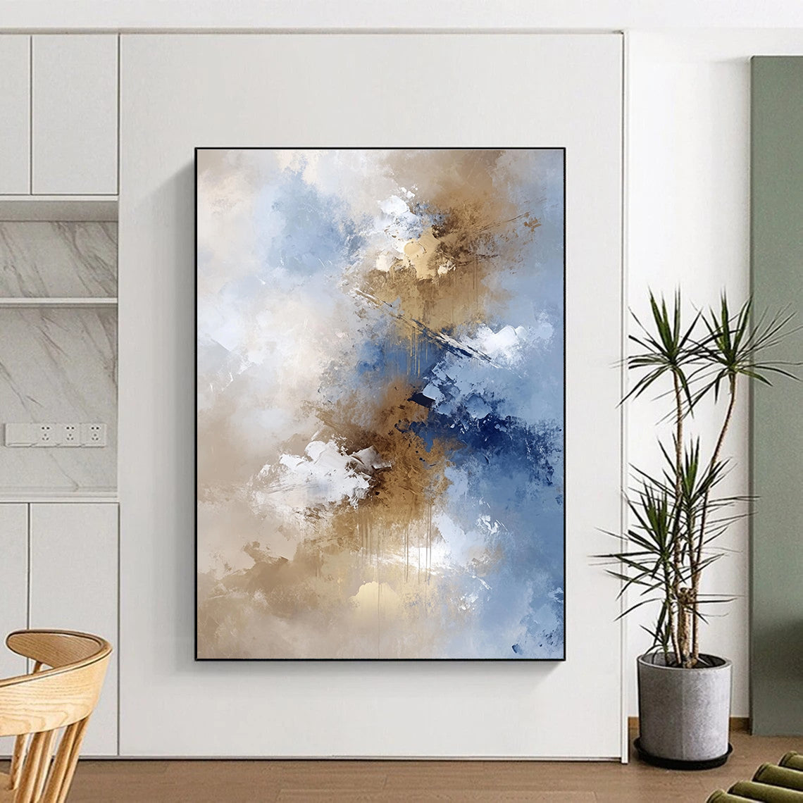 Blue Gold White Abstract Painting with Flowing Elegance WINK662