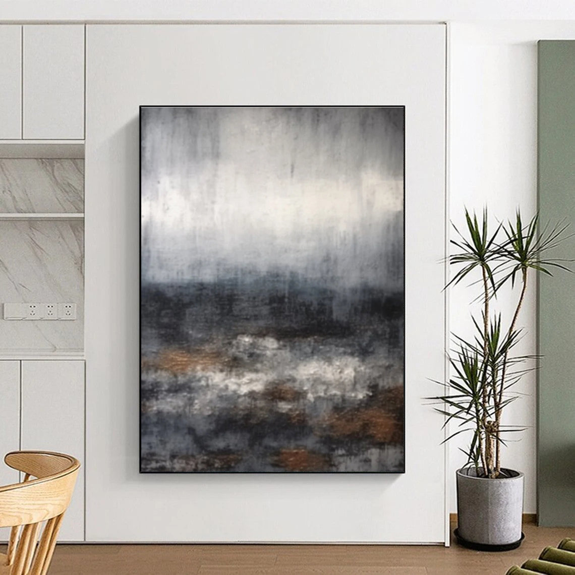 Gray Toned Abstract Landscape with Hints of Brown Painting for Serene Home Offices HENG368