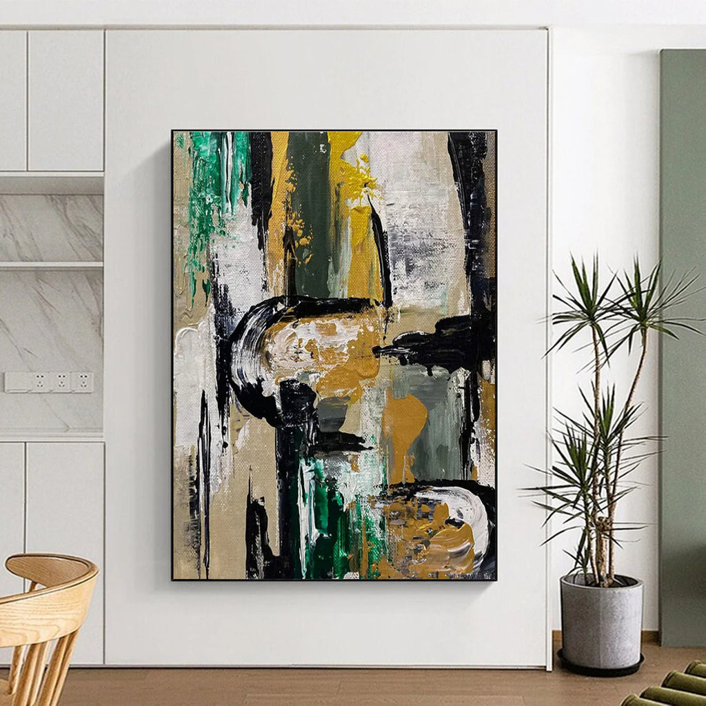 Gold and Green Abstract Painting for Sophisticated Office Receptions HENG468