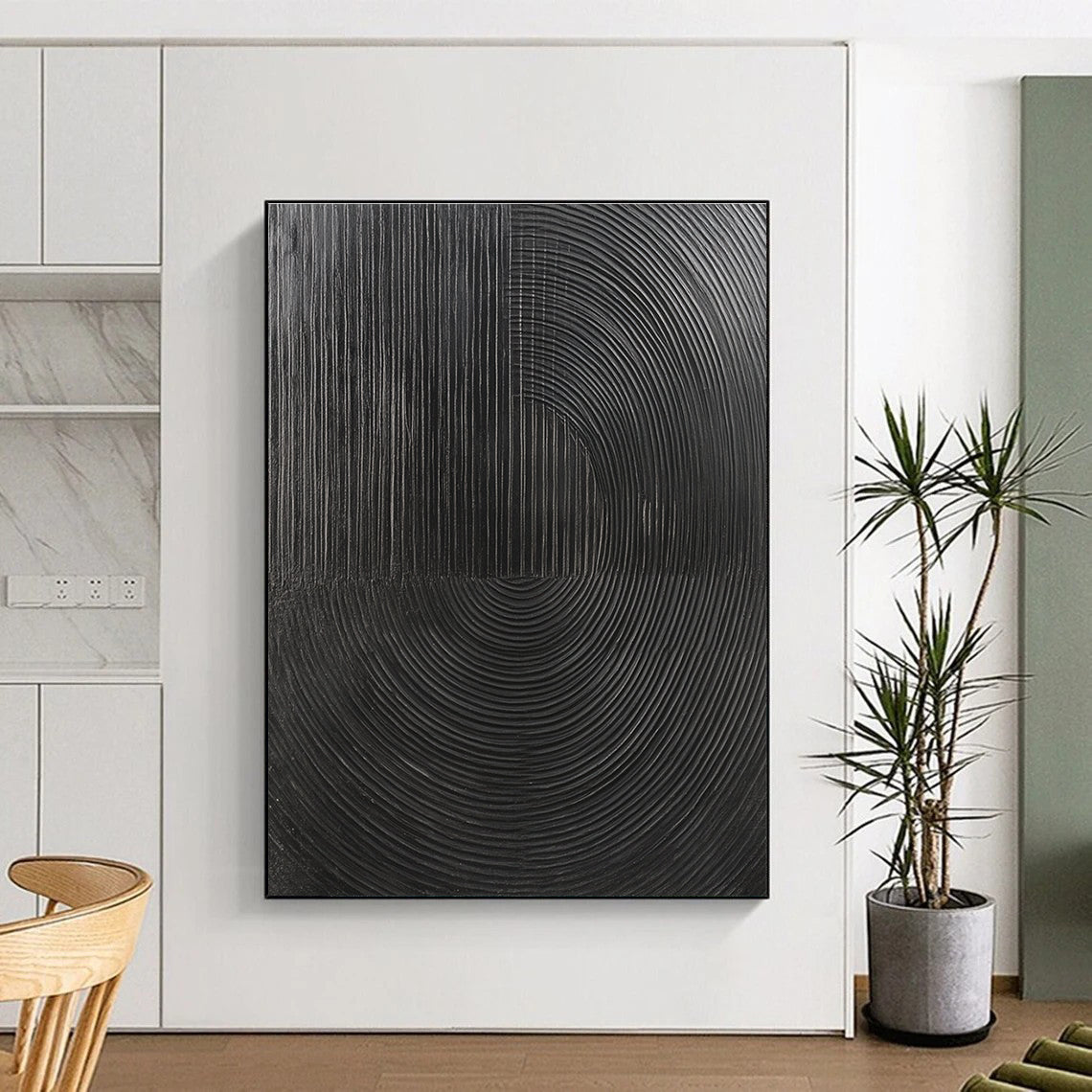 Black Circular Lines Abstract Painting for Minimalist Home Offices GAB1320