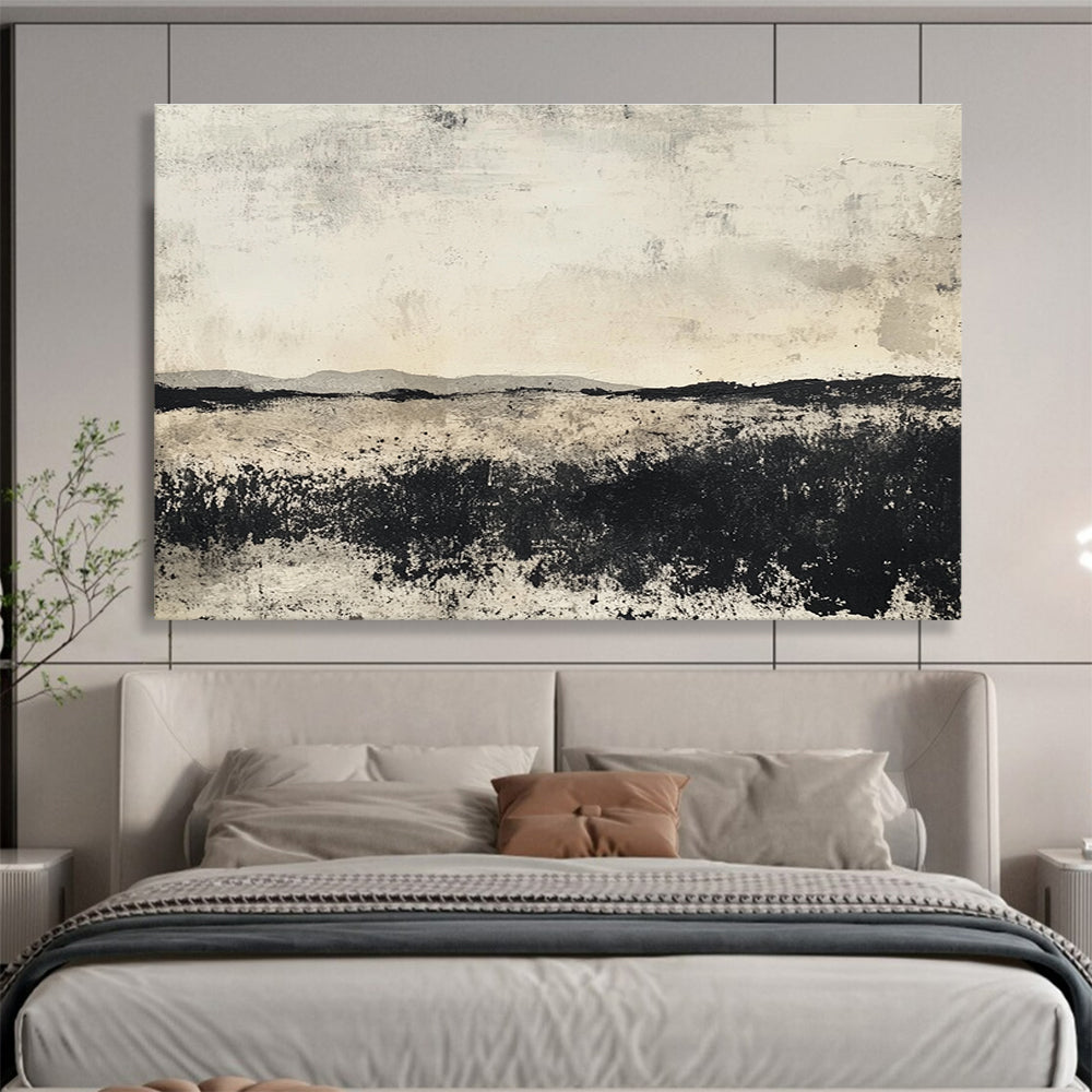 Grayscale Landscape: Textured Fields and Distant Hills Abstract Painting ABS176