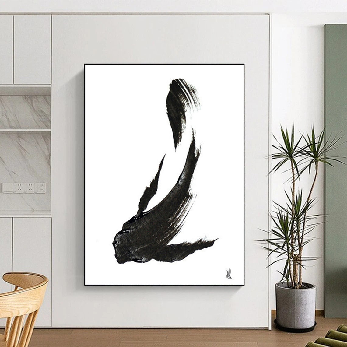 Minimalist Black Ink Fish Painting for Zen - Inspired Home Offices HENG181