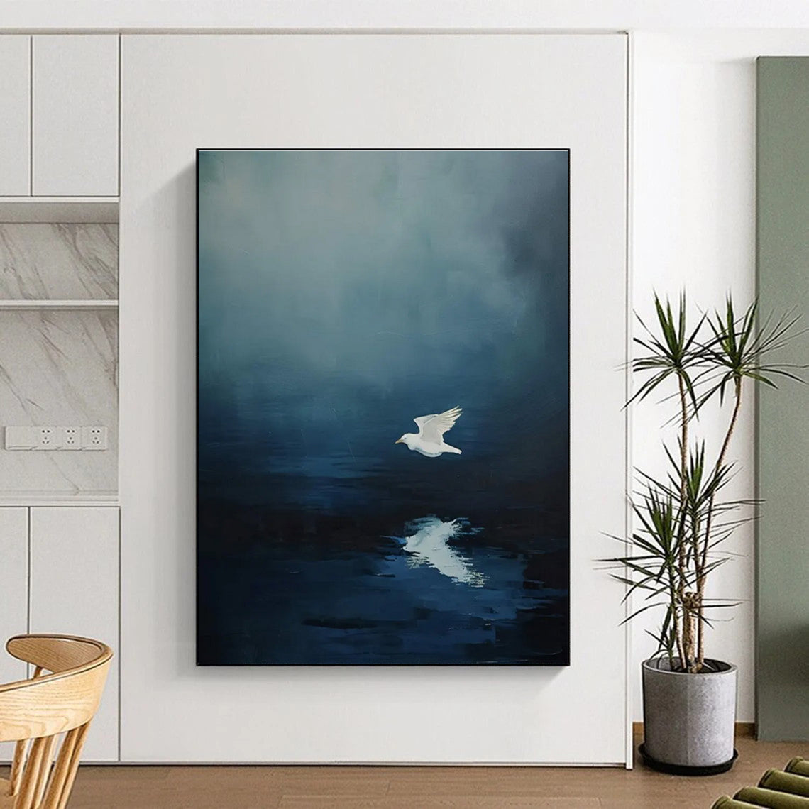 White Bird Over Water Abstract Painting for Coastal Home Bedrooms HENG478