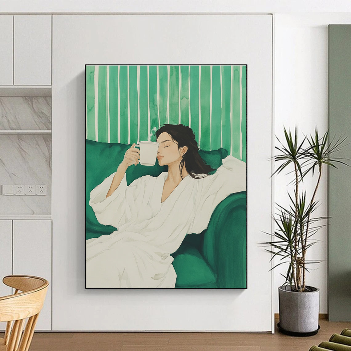 Woman with Coffee on Green Sofa Painting of Relaxed Comfort GAB0135