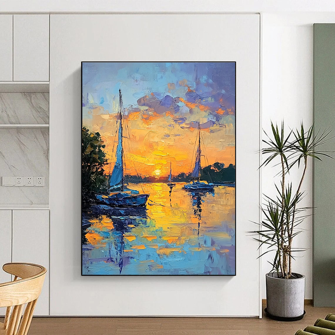 Sailboats at Sunset Serene Abstract Painting for Waterfront Homes GAB1439