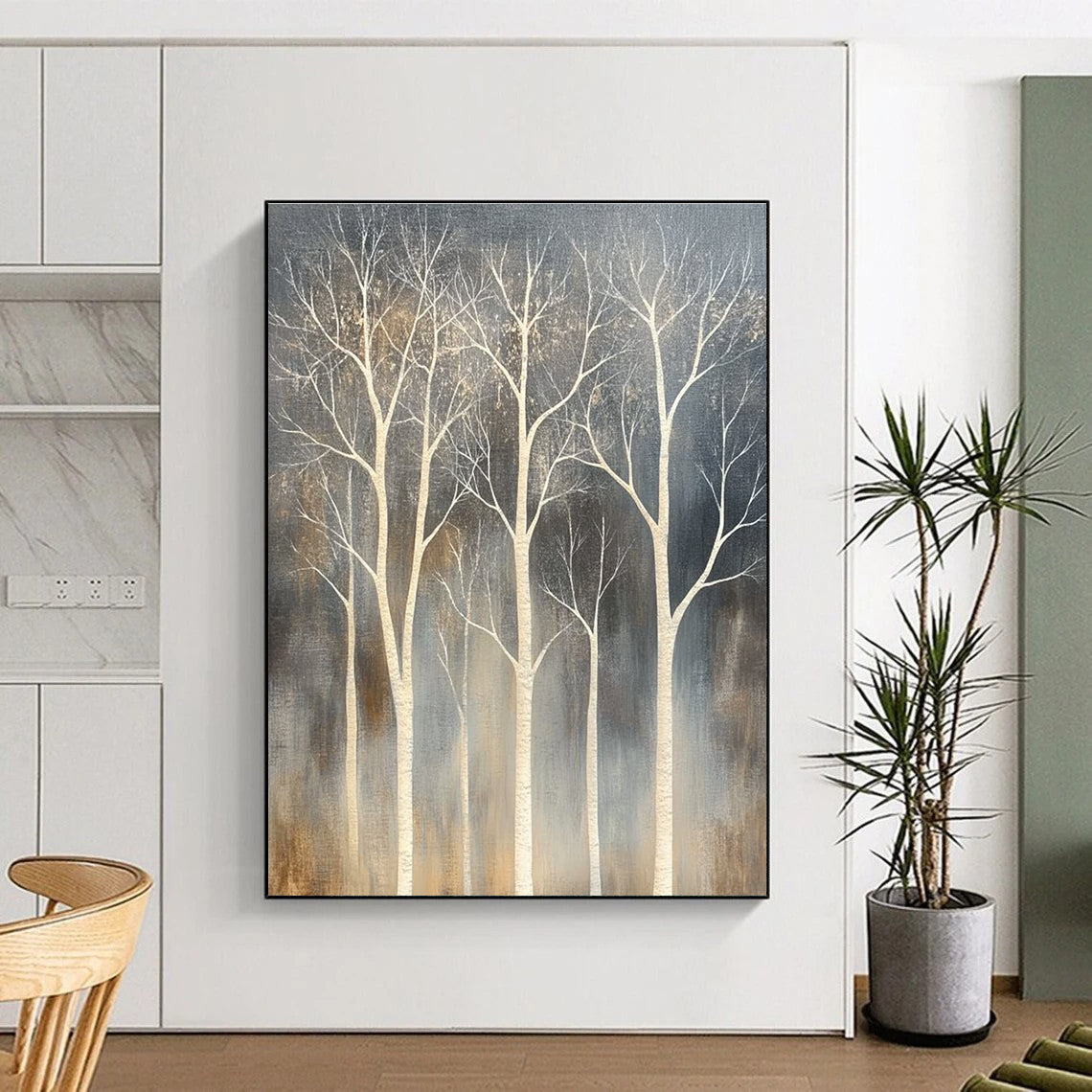 White Trees on Dark Background Abstract Painting for Contemporary Forest - Themed Galleries GAB0817