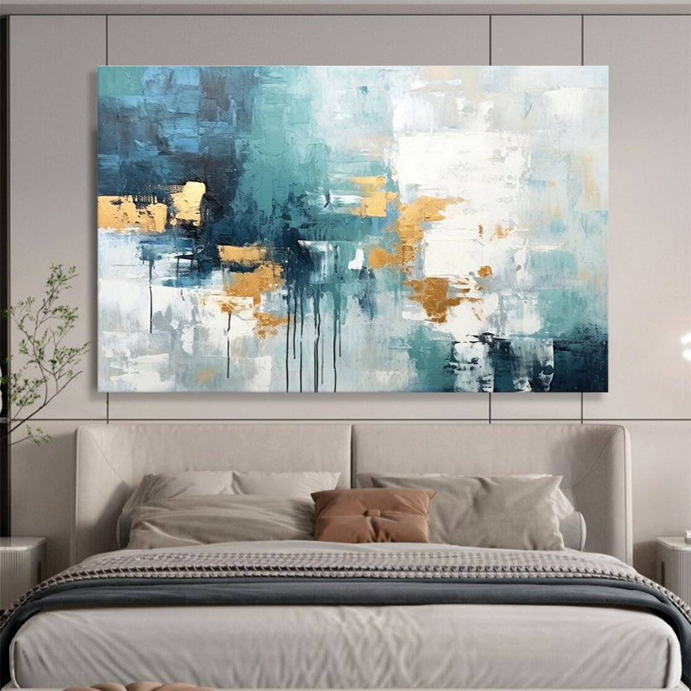 Teal - Gold Abstract Drip Painting for Contemporary Living YHT072