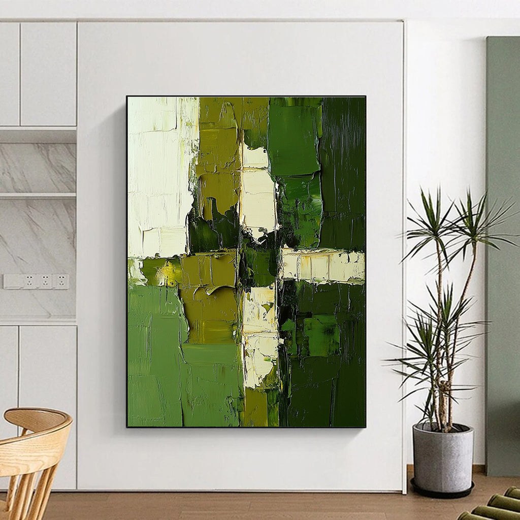 Green White Geometric Abstract Painting with Textured Precision WINK606