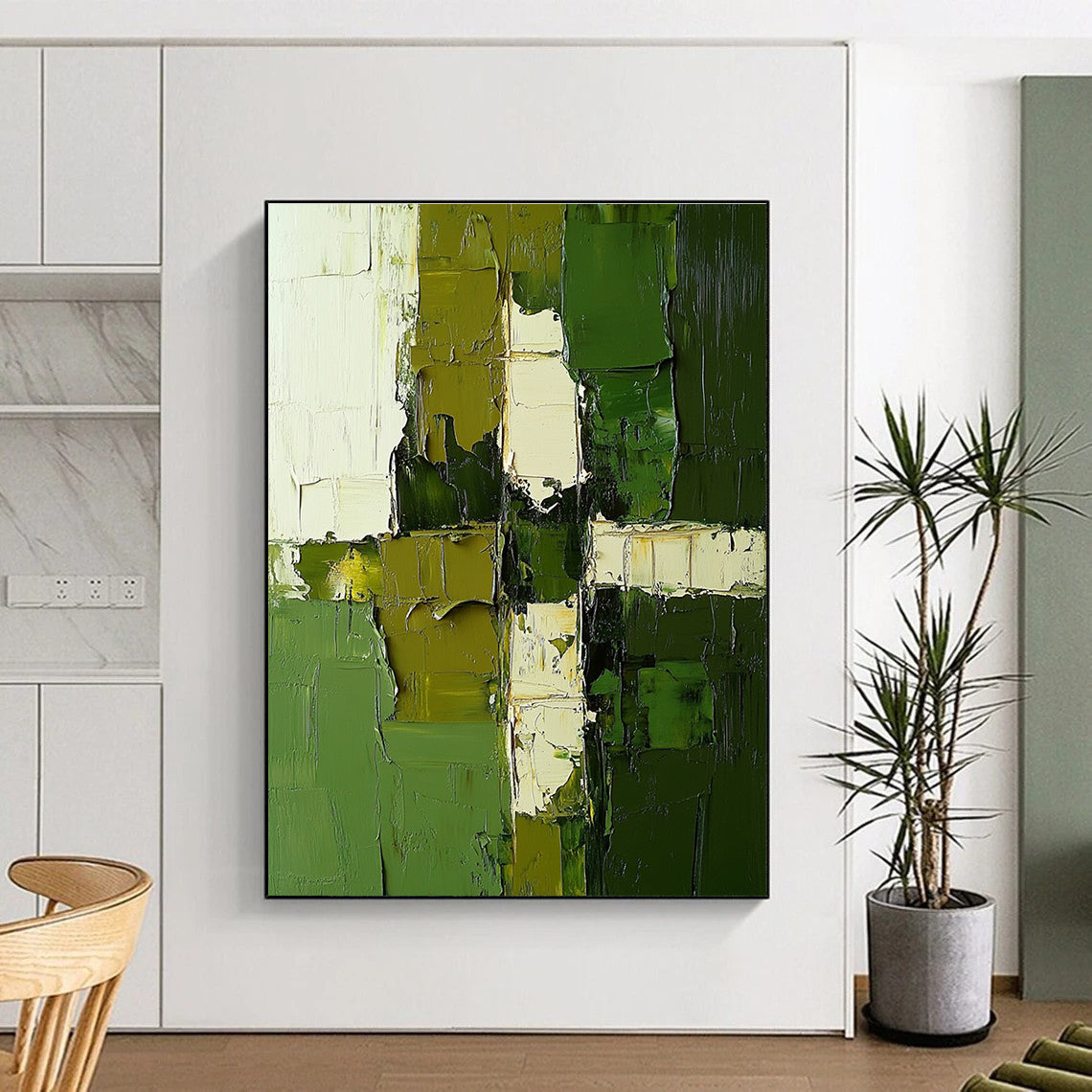 Green White Geometric Abstract Painting with Textured Precision WINK606