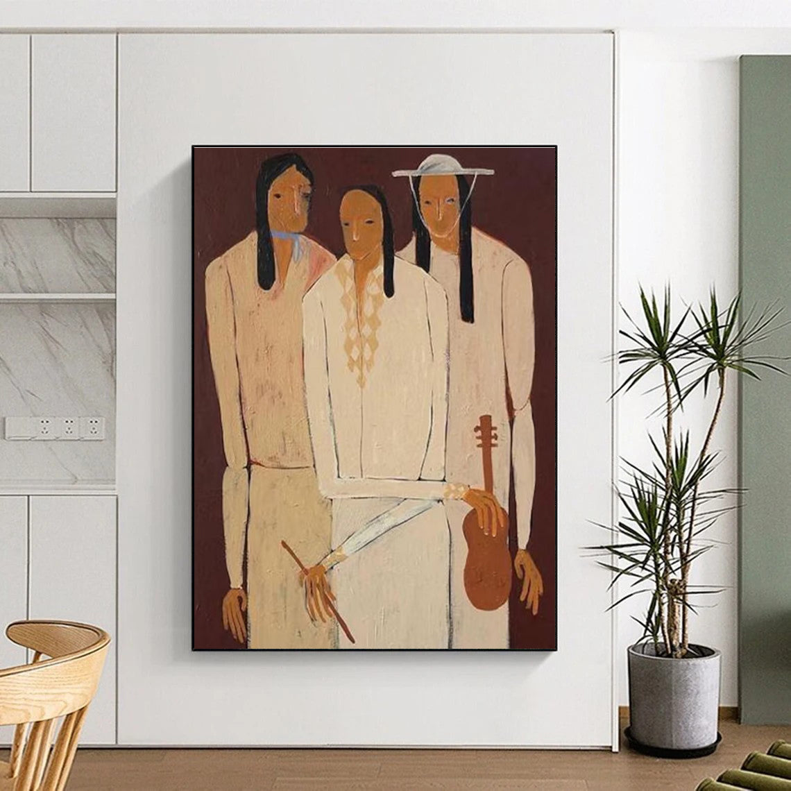 Three Figures in Traditional Attire Abstract Painting for Cultural Heritage Spaces HENG141