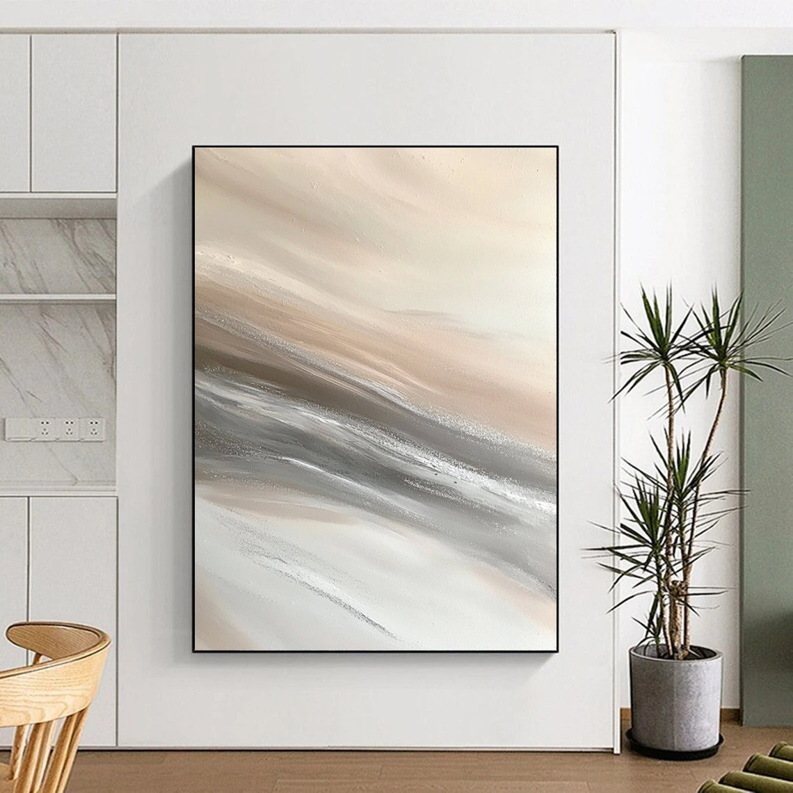 Beige and Grey Flowing Textures Abstract Painting with Soft Movement GAB0074