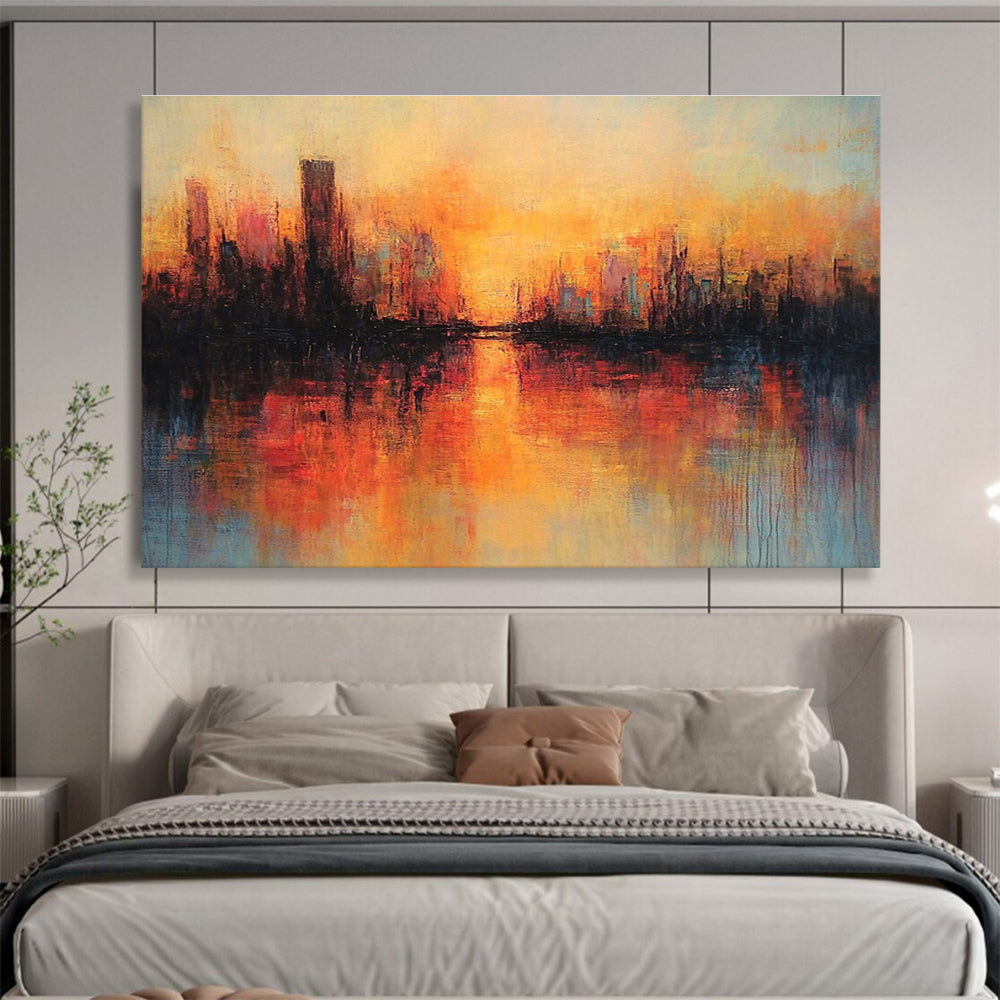 Warm Sunset Cityscape Reflection Abstract Painting ABS198