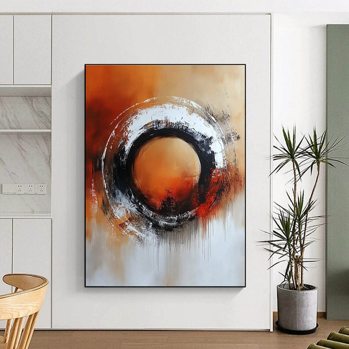 Orange Black Circular Abstract Painting with Bold Drama WINK706