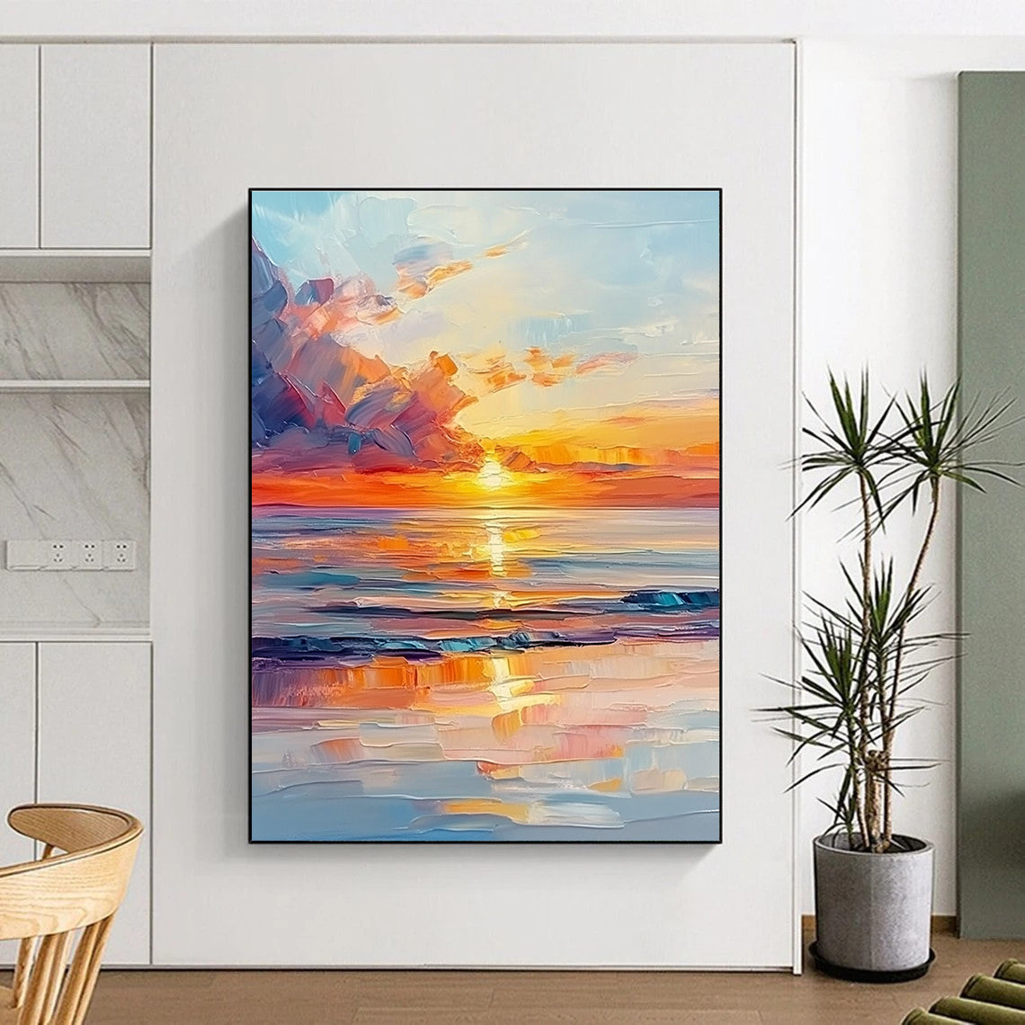 Fiery Sunset Sea Abstract Painting with Dynamic Brushstrokes GAB0016