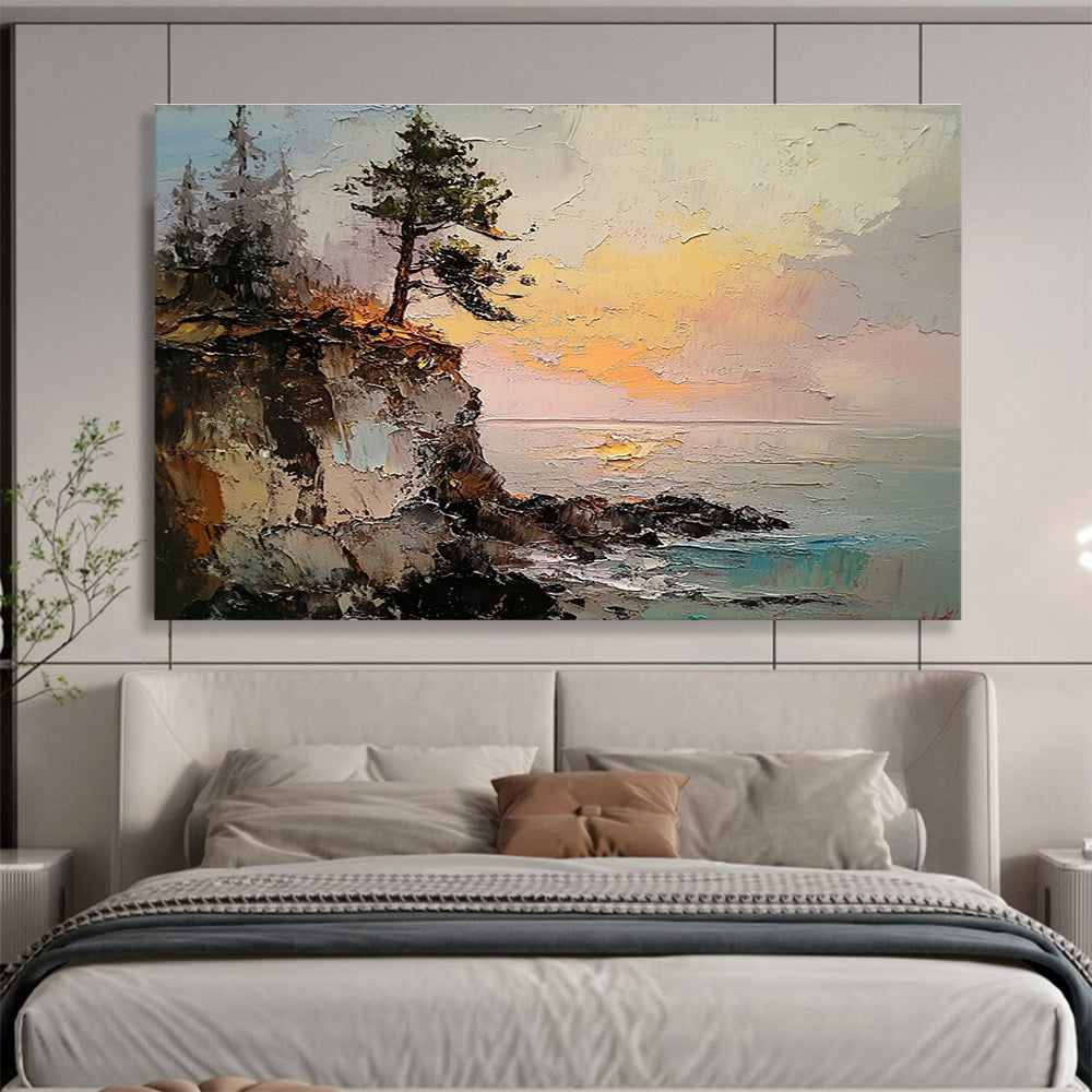Tree on Cliff at Sunset Abstract Painting with Dramatic Light ABS593