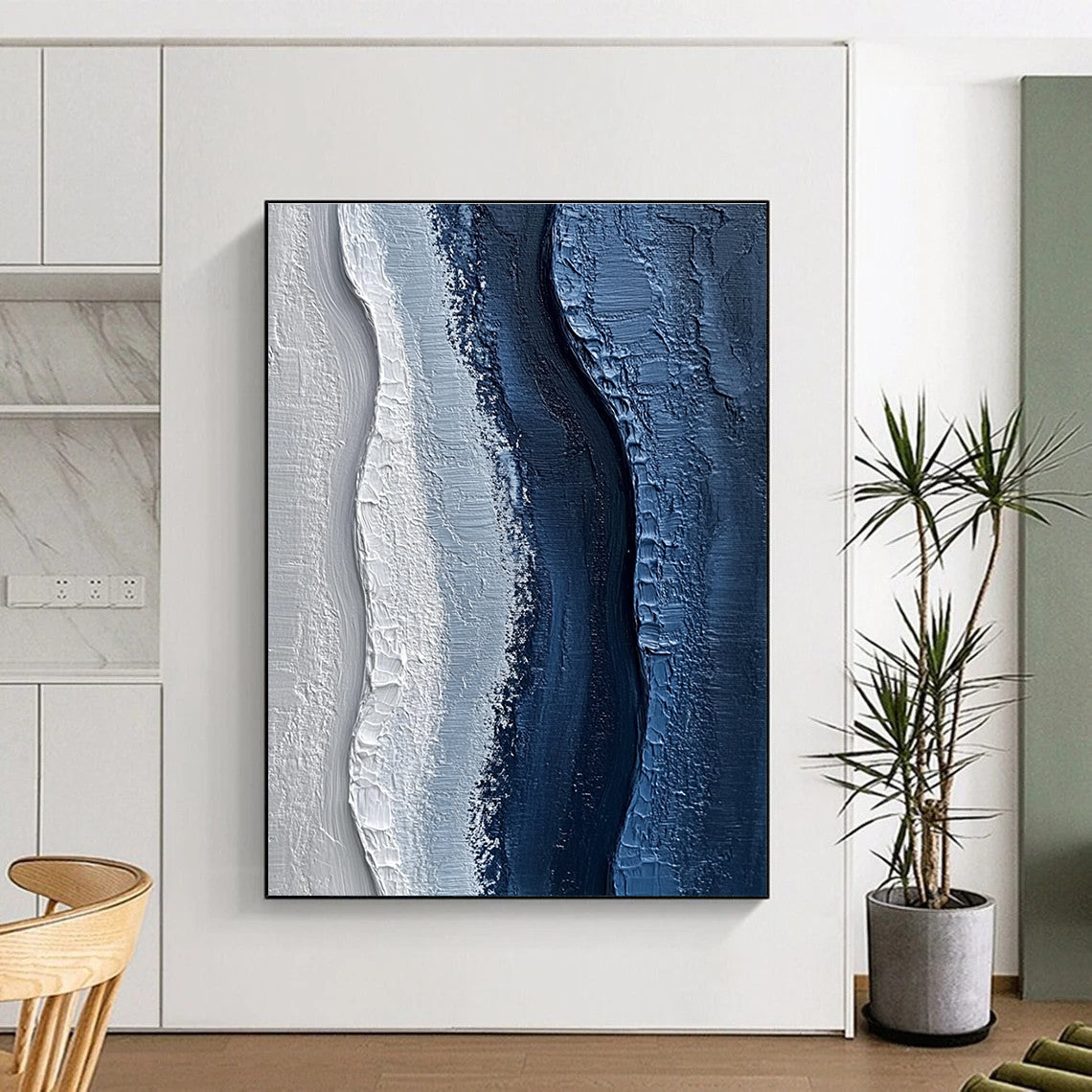 Blue and White Textured Waves Abstract Painting of Oceanic Calm GAB0093