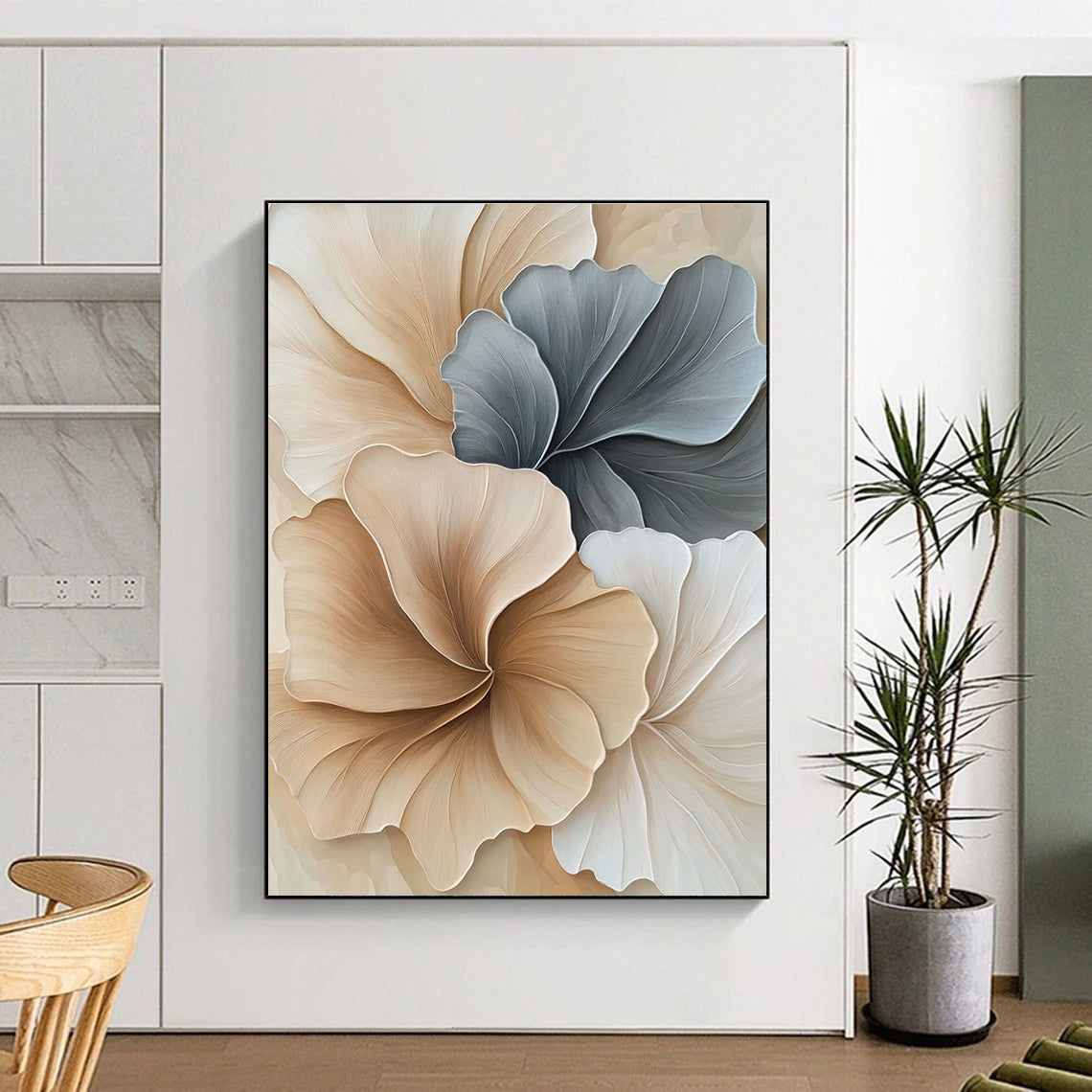 Beige and Grey Floral Shapes Abstract Painting of Elegant Nature GAB0094