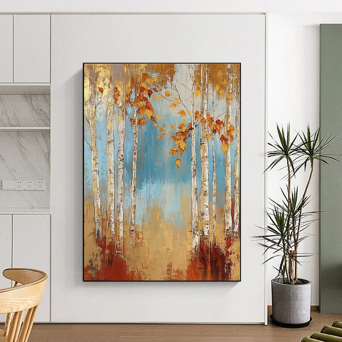 Golden Birch Forest Abstract Painting for Cozy Living Rooms GAB0753