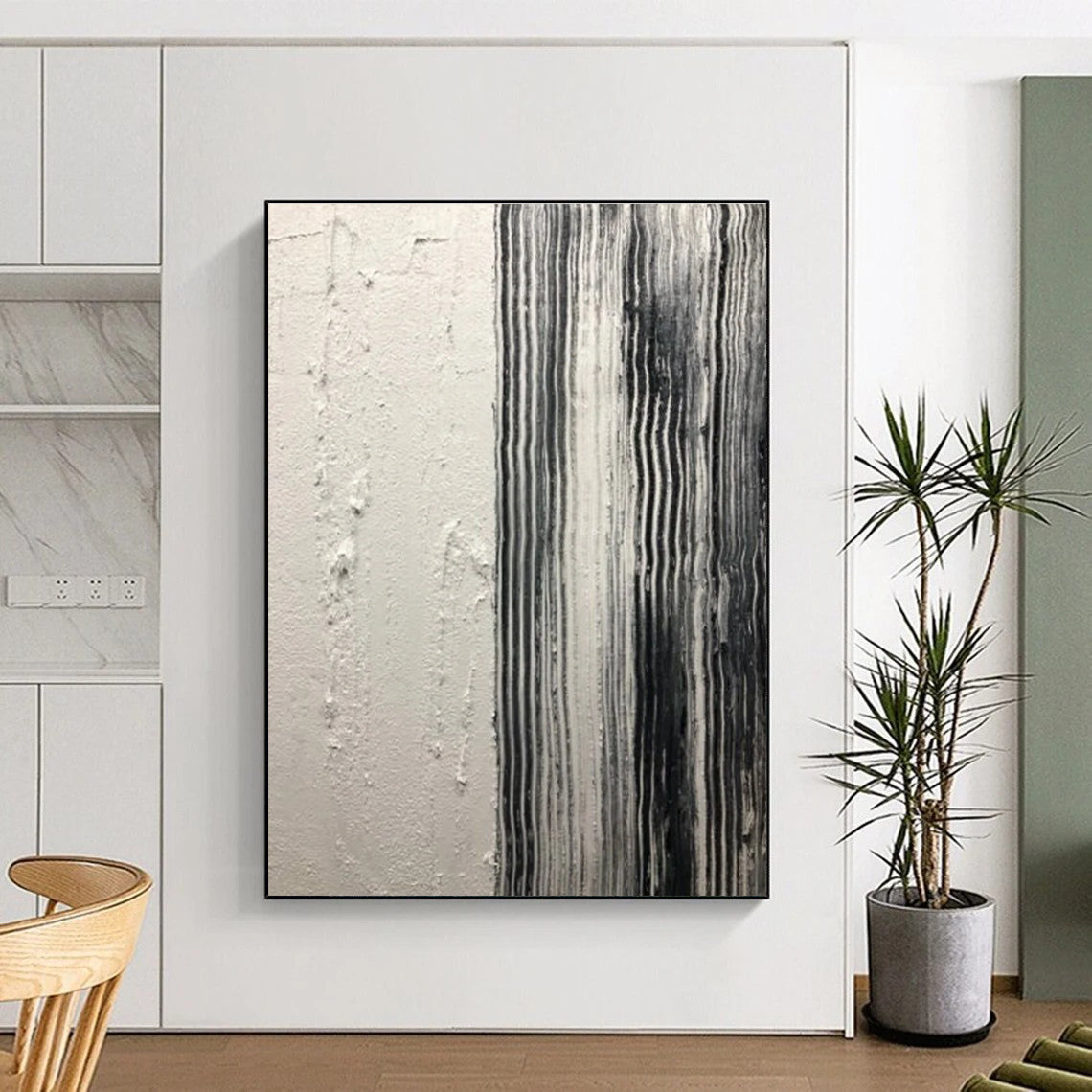 Black - White Striped Textured Abstract Painting for Industrial - Inspired Spaces HENG382