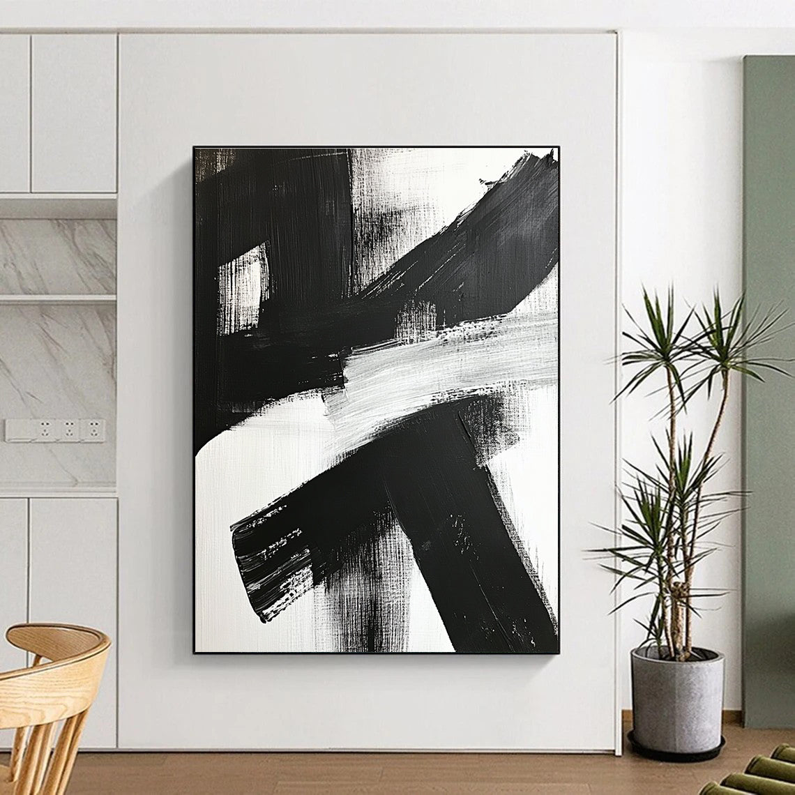 Cross - Shaped Black - White Abstract Painting with Raw Impact WINK359