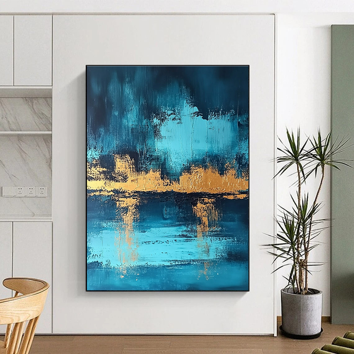 Blue and Gold Reflection - Elegant Landscape Abstract Painting GAB0460