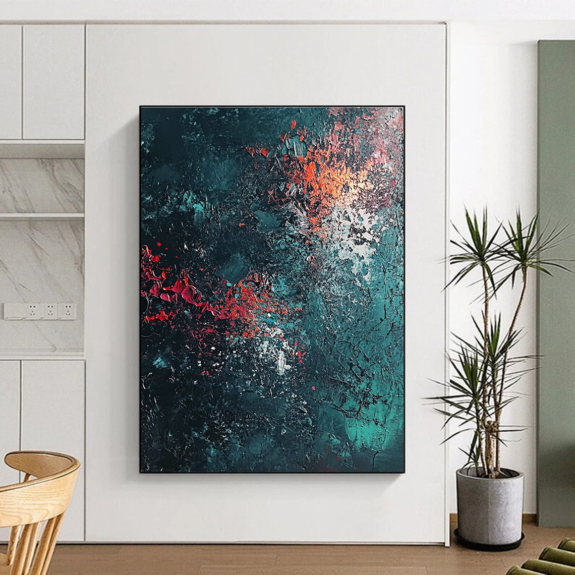 Dark Teal and Red Abstract Painting for Intimate Wine Bars GAB0857