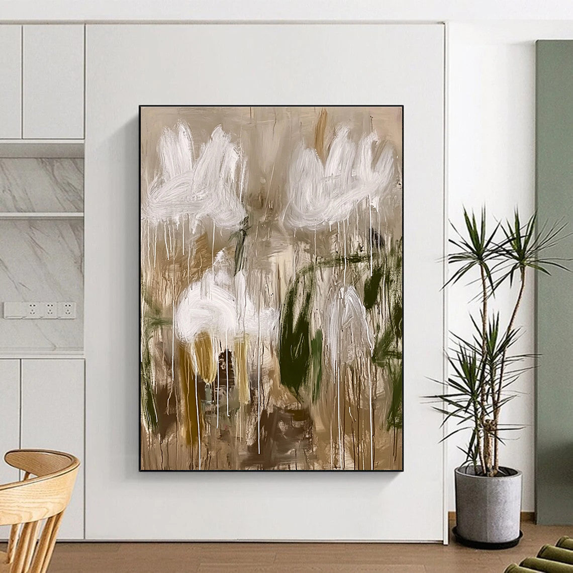 Abstract White Flowers Painting with Dripping Elegance WINK623