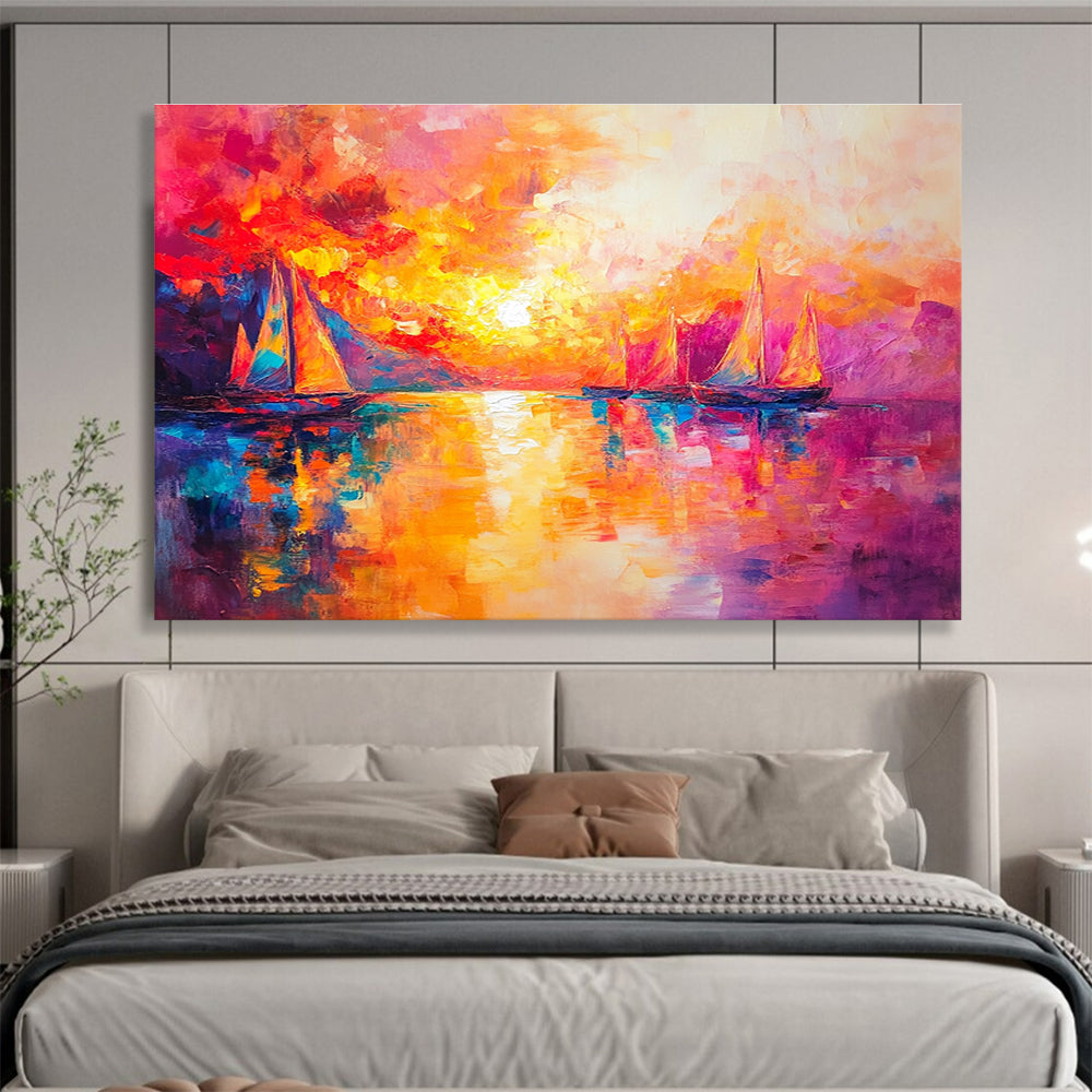 Colorful Sunset Sailboats with Vivid Palette Abstract Painting ABS321