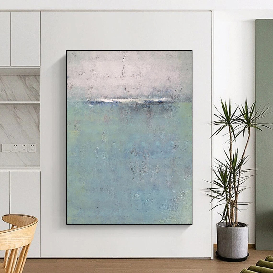 Subtle Toned Abstract Seaside Horizon Abstract Painting for Serene Home Offices HENG354